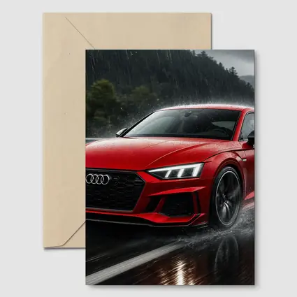 Audi RS5 Red Coupe Driving in Rain