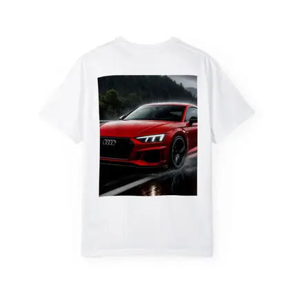 Audi RS5 Red Coupe Driving in Rain