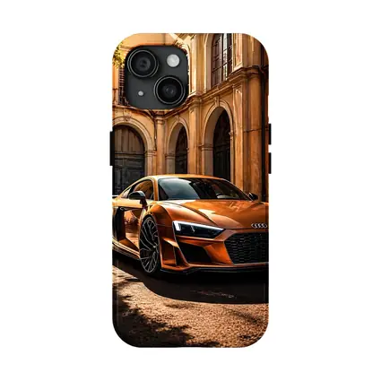 Audi R8 Orange Parked Beside Classical Building