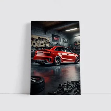 Audi RS3 Red Sedan in Dark Garage