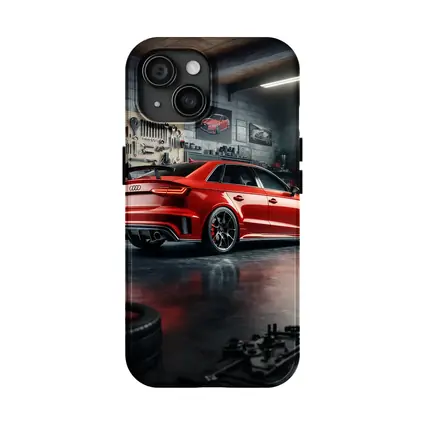 Audi RS3 Red Sedan in Dark Garage