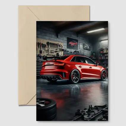 Audi RS3 Red Sedan in Dark Garage