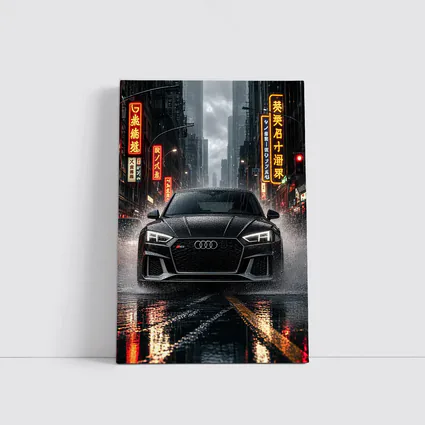 Audi RS5 Black Rainy Neon City Street