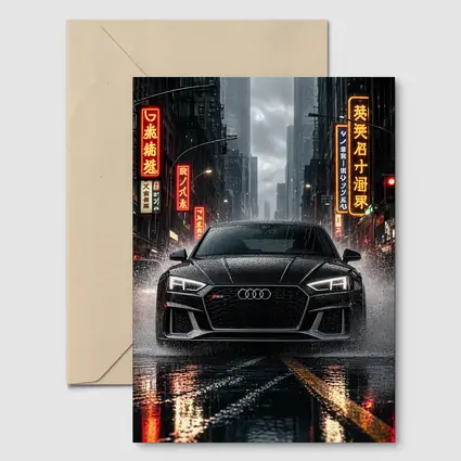 Audi RS5 Black Rainy Neon City Street