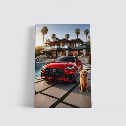 Red Audi SQ8 Golden Retriever Luxury Mansion