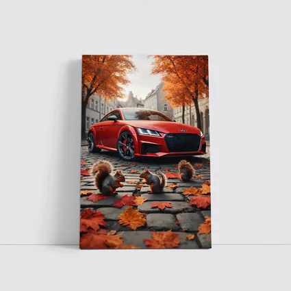 Red Audi TT Squirrels Autumn Cobblestone Street