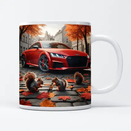 Red Audi TT Squirrels Autumn Cobblestone Street