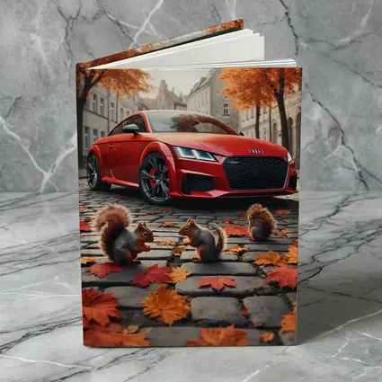 Red Audi TT Squirrels Autumn Cobblestone Street