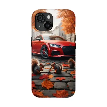 Red Audi TT Squirrels Autumn Cobblestone Street