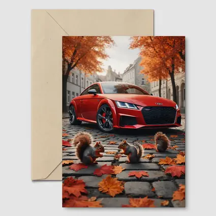 Red Audi TT Squirrels Autumn Cobblestone Street