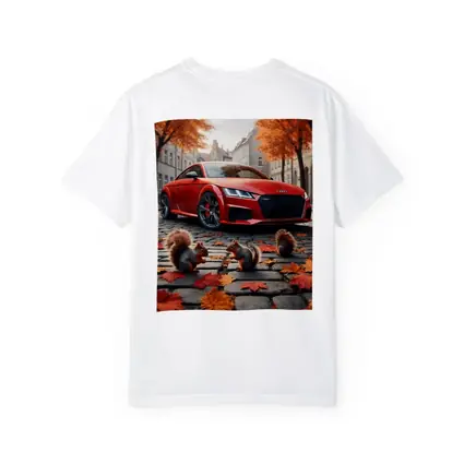 Red Audi TT Squirrels Autumn Cobblestone Street