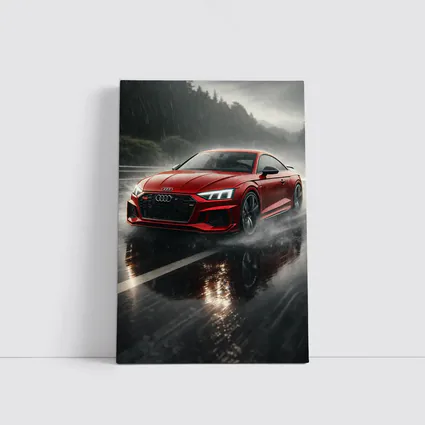 Audi RS5 Red Coupe Rainy Road Drive