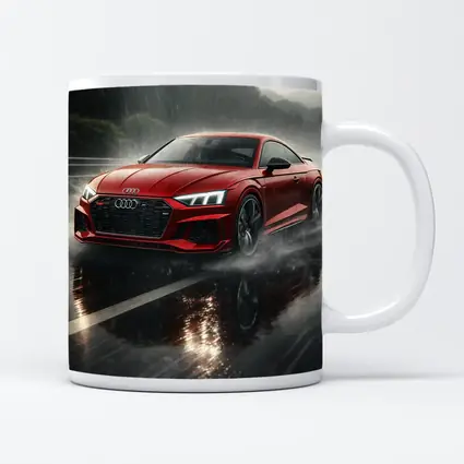 Audi RS5 Red Coupe Rainy Road Drive