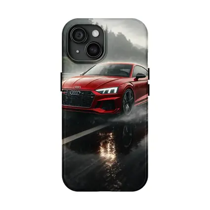 Audi RS5 Red Coupe Rainy Road Drive