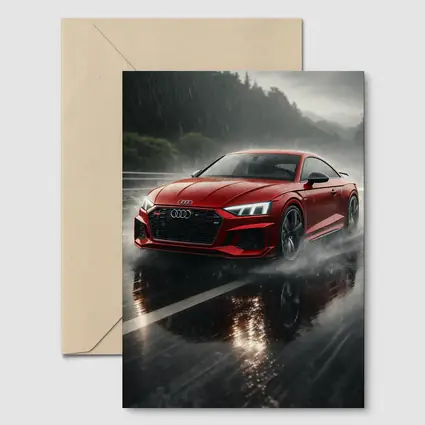 Audi RS5 Red Coupe Rainy Road Drive