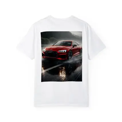 Audi RS5 Red Coupe Rainy Road Drive