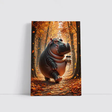 Hippo Walking With Coffee Autumn Forest