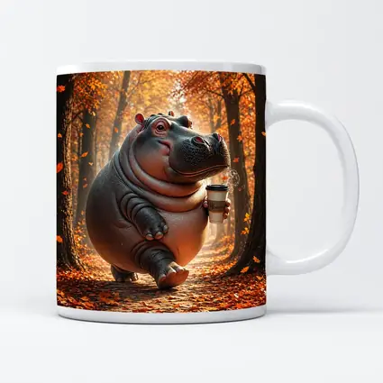 Hippo Walking With Coffee Autumn Forest
