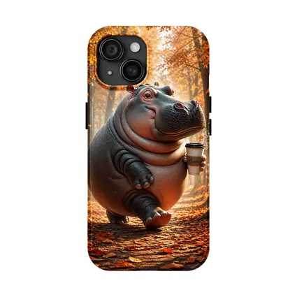 Hippo Walking With Coffee Autumn Forest