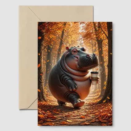 Hippo Walking With Coffee Autumn Forest