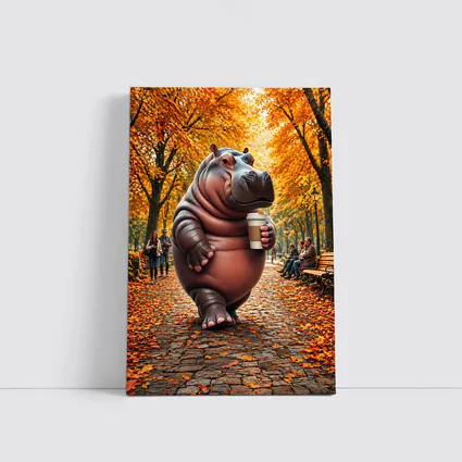 Hippo Holding Coffee Cup Autumn Park
