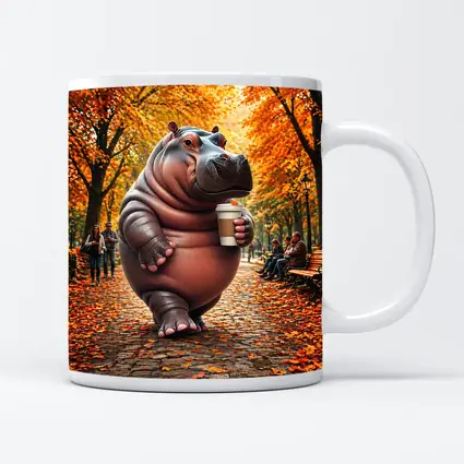 Hippo Holding Coffee Cup Autumn Park