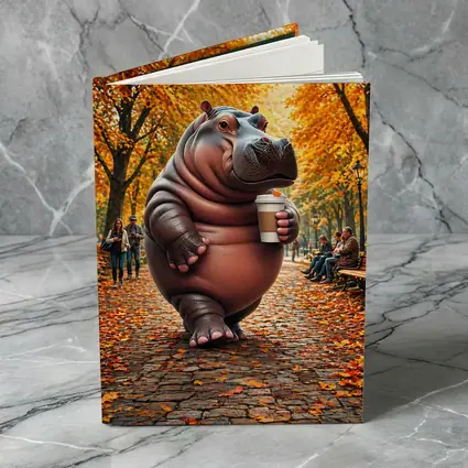 Hippo Holding Coffee Cup Autumn Park