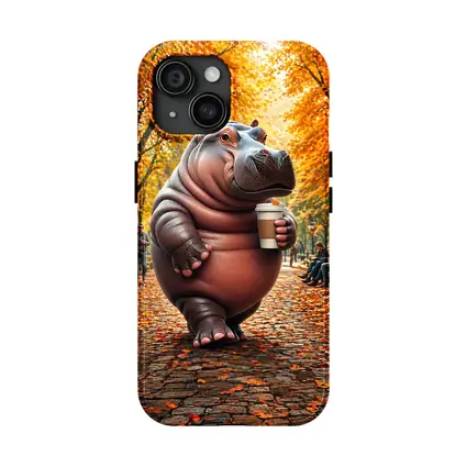 Hippo Holding Coffee Cup Autumn Park