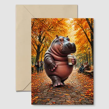 Hippo Holding Coffee Cup Autumn Park
