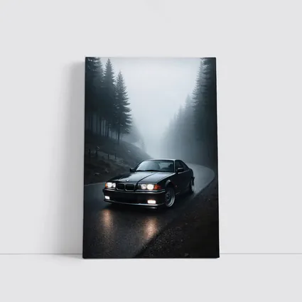 BMW E36 M3 Black Foggy Forest Road