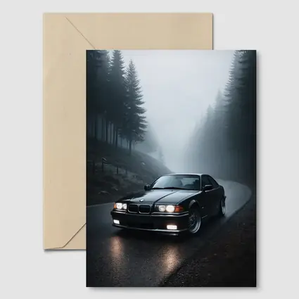BMW E36 M3 Black Foggy Forest Road