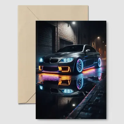 BMW M3 Neon Lights Rainy Night Street