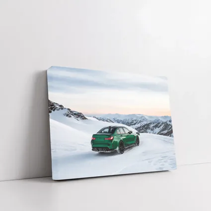 BMW M3 Green Sedan Snowy Mountain Scene