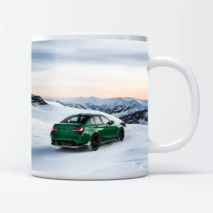 BMW M3 Green Sedan Snowy Mountain Scene