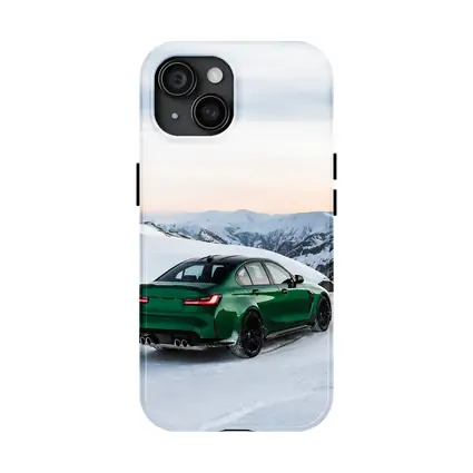 BMW M3 Green Sedan Snowy Mountain Scene