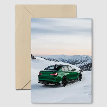 BMW M3 Green Sedan Snowy Mountain Scene
