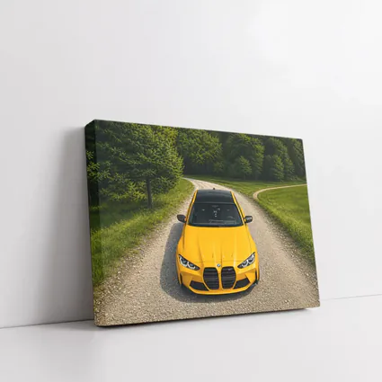 BMW M3 Yellow on Forest Gravel Road