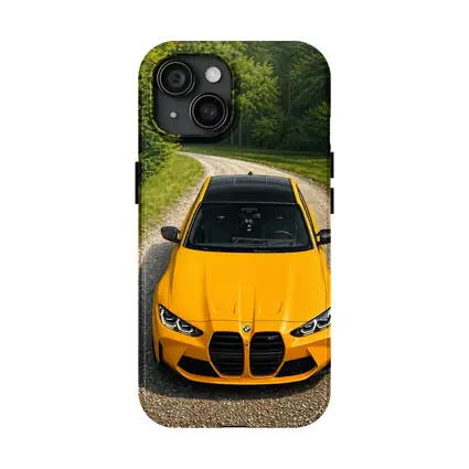 BMW M3 Yellow on Forest Gravel Road