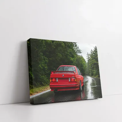 BMW M3 Red Wet Road Forest
