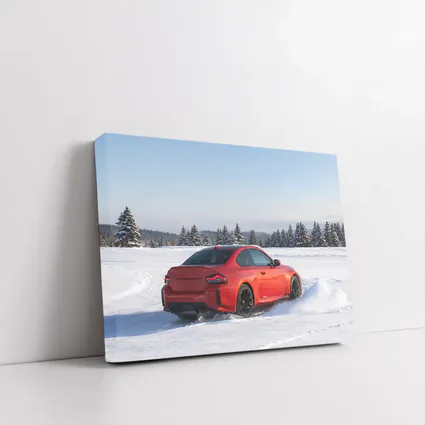 BMW M2 Red Coupe Drifting Snow Landscape