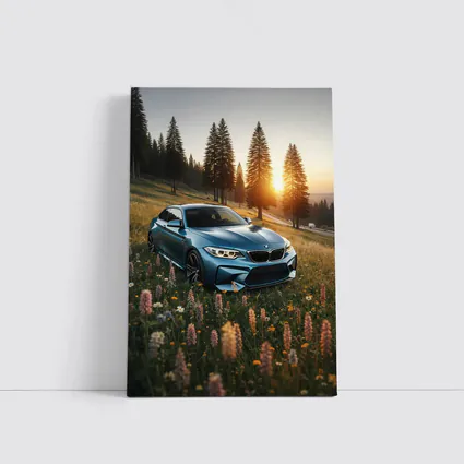 BMW M2 Blue Coupe Wildflower Meadow Sunset