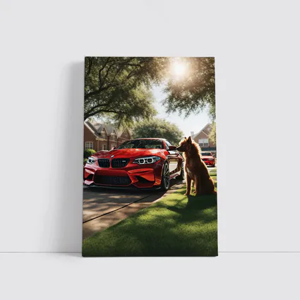 Red BMW M2 Dog Suburban Driveway Scene