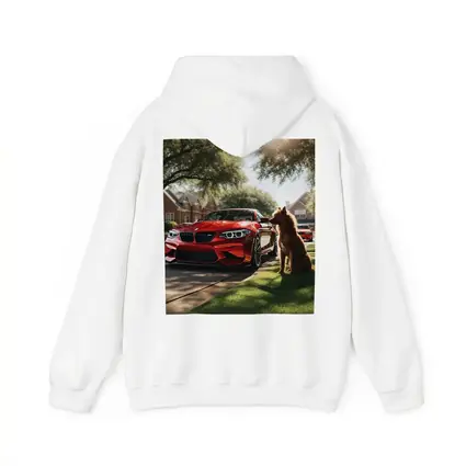 Red BMW M2 Dog Suburban Driveway Scene