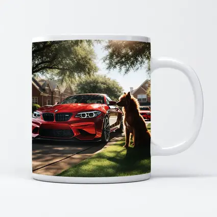 Red BMW M2 Dog Suburban Driveway Scene