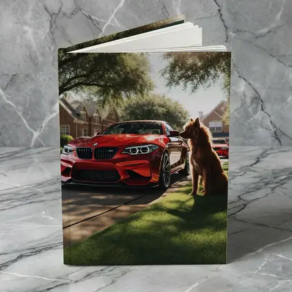 Red BMW M2 Dog Suburban Driveway Scene