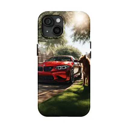 Red BMW M2 Dog Suburban Driveway Scene