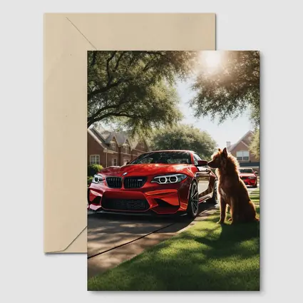 Red BMW M2 Dog Suburban Driveway Scene