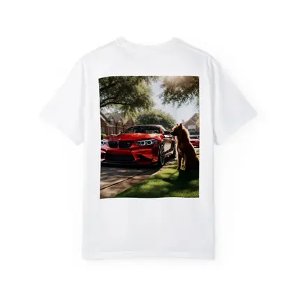 Red BMW M2 Dog Suburban Driveway Scene