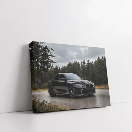 BMW M3 Black Sedan Rainy Forest Road