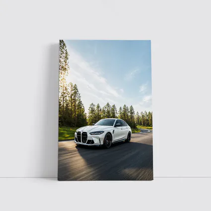 BMW M3 White Sedan on Forest Road